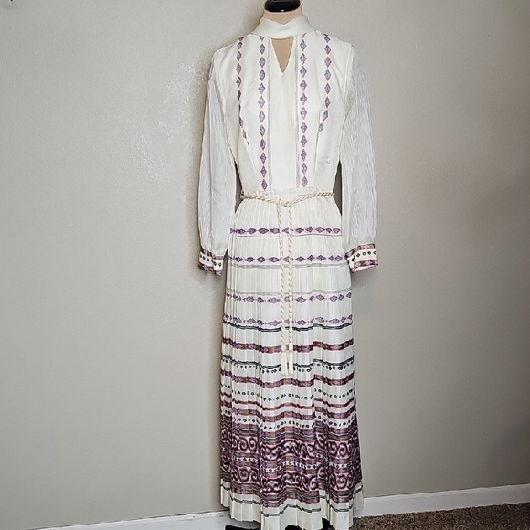 Vintage Dresses & Skirts - Vintage Alfred Shaheen 70s Hostess Dress Long Sleeve Maxi Custom Print Ivory 6/8